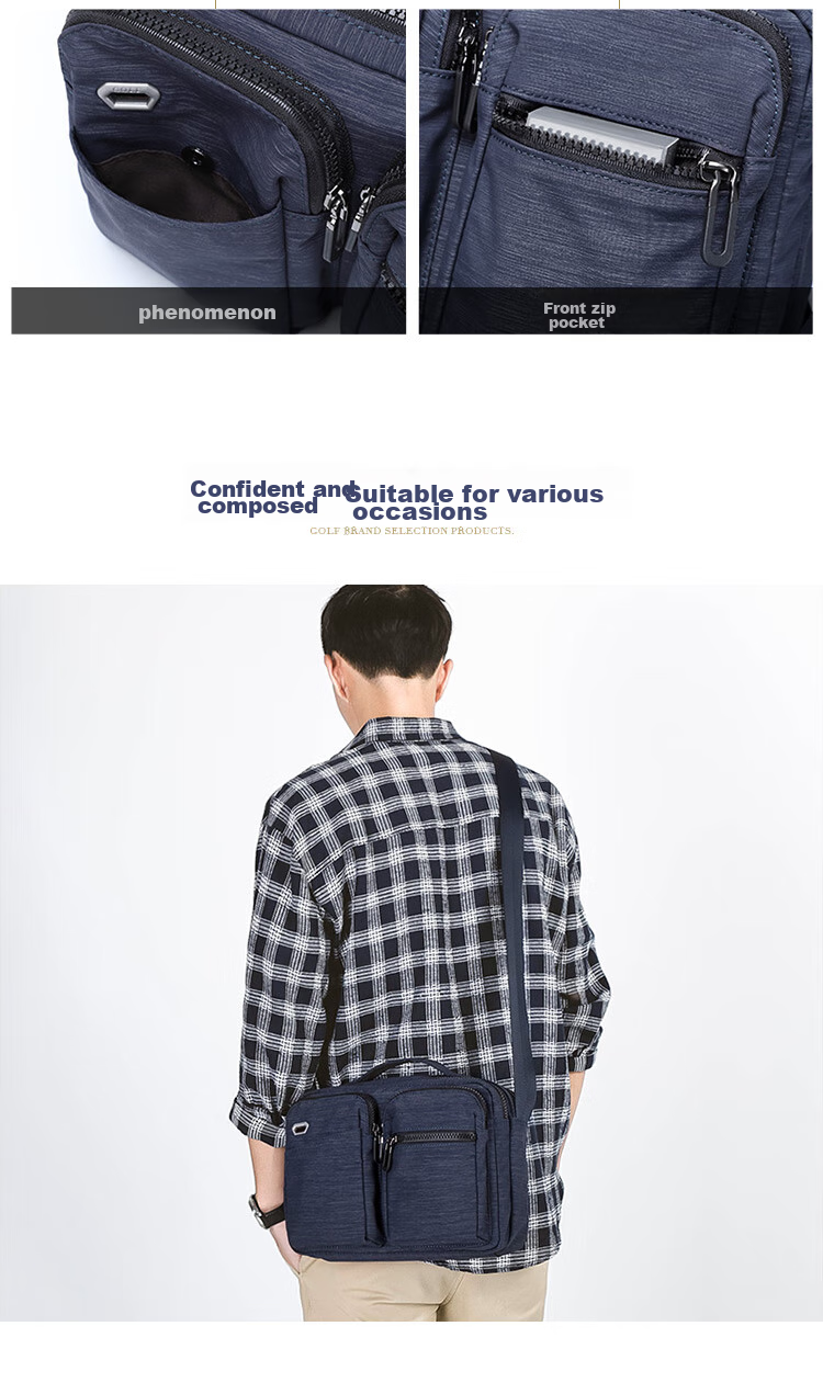 GOLF Nylon Shoulder Bag, Large Capacity Messenger Bag for Men, Multifunctional Crossbody Bag, Model 5I396466J, Blue-Gray Color 12