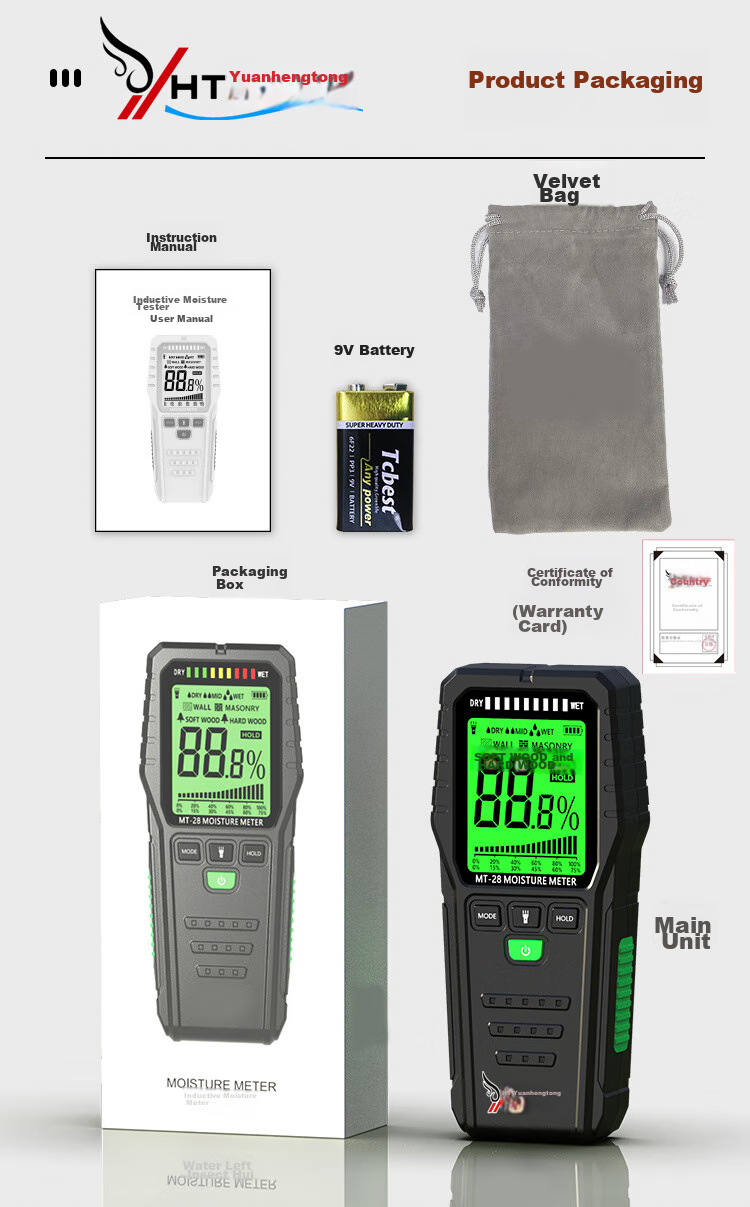 YHT Color Screen Sensor Moisture Meter MT28C for Furniture, Wood, Floor, Wall Moisture Content And Humidity Testing Instrument 37