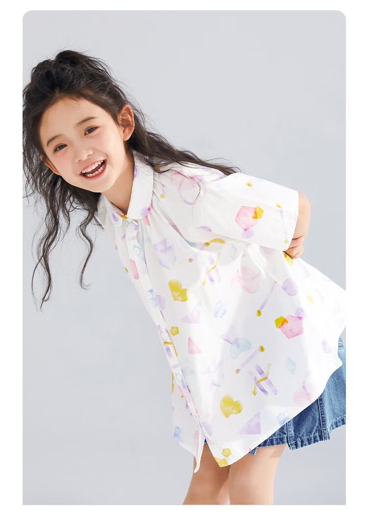 QQ DUCK Girls' Shirt Summer Children's Cute Lapel Short-Sleeve Youth Clothing Graffiti White; 140 9