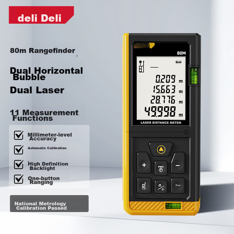 Deli High-Precision Infrared Laser Measuring Device, Electronic Ruler with Dual Horizontal Bubble, Upgraded Version, 80 Meters