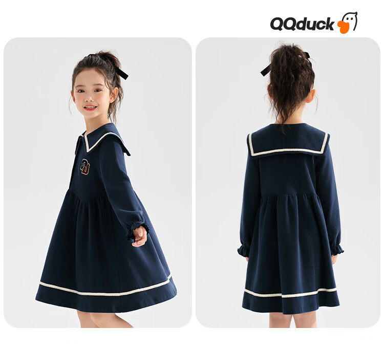 QQ DUCK Girls' Dress, Children's Preppy Style Holiday Outfit, Student JK Navy Dress, Big Kids' Clothing 3