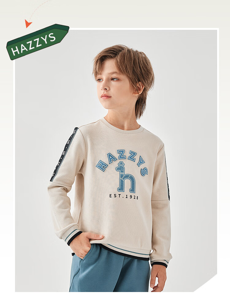 HAZZYS Brand Boys' Sweatshirt, Spring New Style, Elastic Loose Pullover Hoodie, Light Sand Gray, Size 155 1