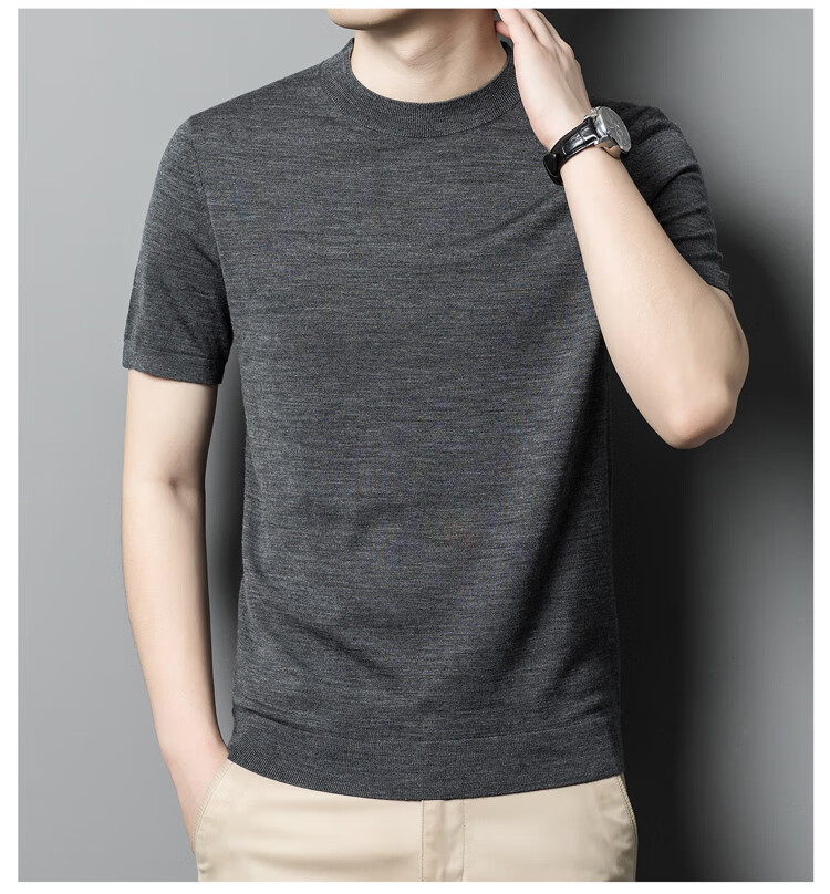 Hengyuanxiang Washable Fine-Spun Wool Sweater for Men, Thin Round Neck Short Sleeve Knitted T-Shirt Pullover, Bright Red, Size 165 13
