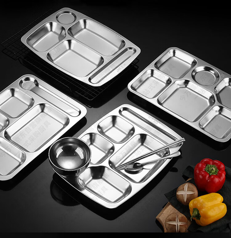 Jinwanfu Stainless Steel Divided Plate, School Canteen Dining Tray, 304 Stainless Steel Compartment Plate, 1.0mm Thick, 450g, Large Six Compartments 7