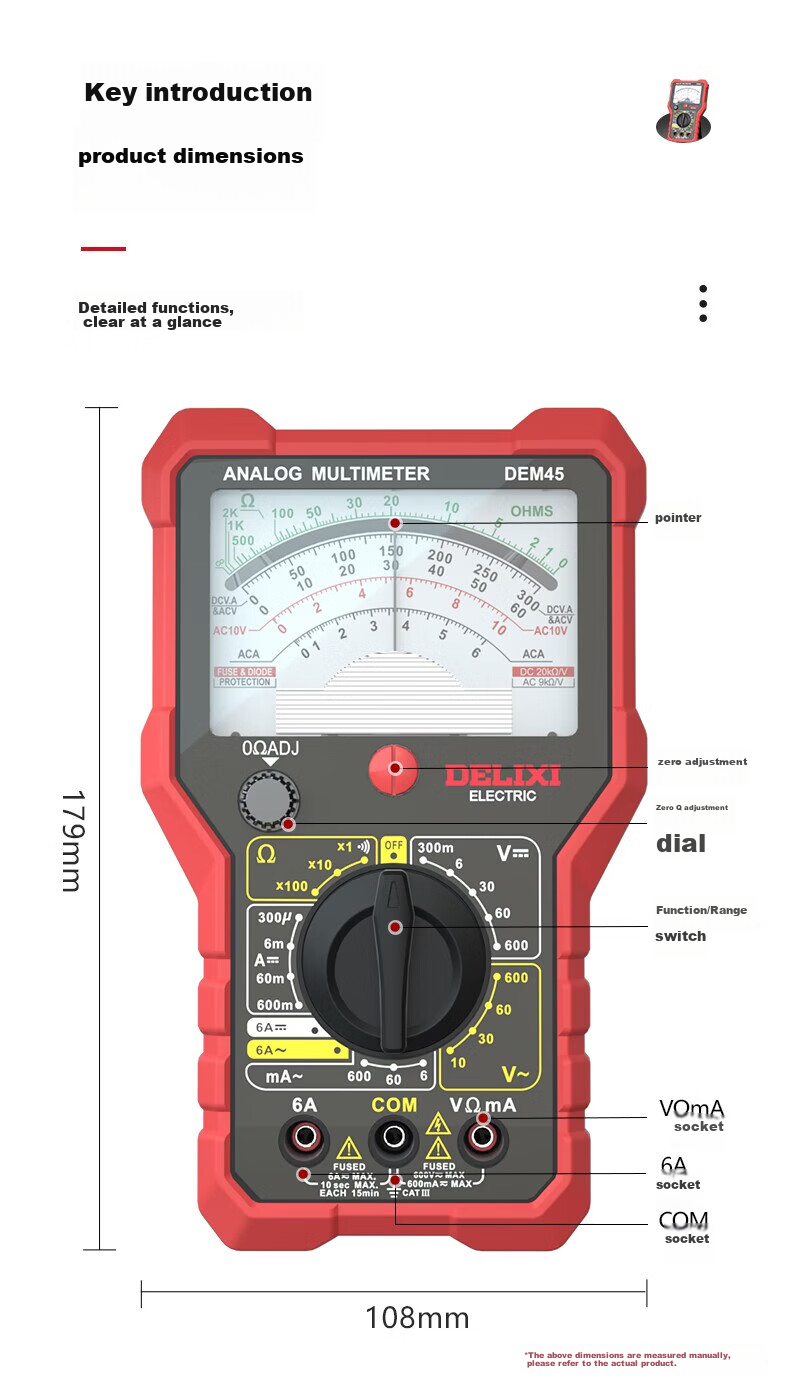 DELIXI ELECTRIC Analog Multimeter, High-Precision, Intelligent Burn Protection, for Home And Electrical Use, Continuity Test, DEM45 4