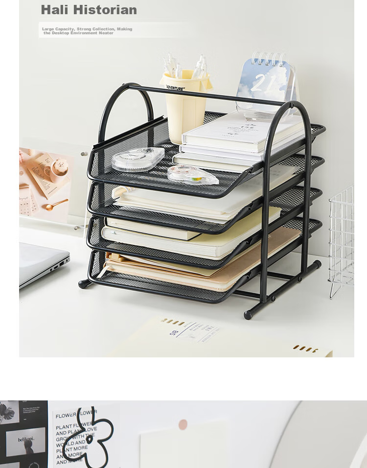 Sannianerban Metal File Organizer, Multi-Layer File Tray, Office Desktop Storage Rack, Metal Basket for Documents, File Organizer Shelf, Storage Rack, Four-Tier Black 3