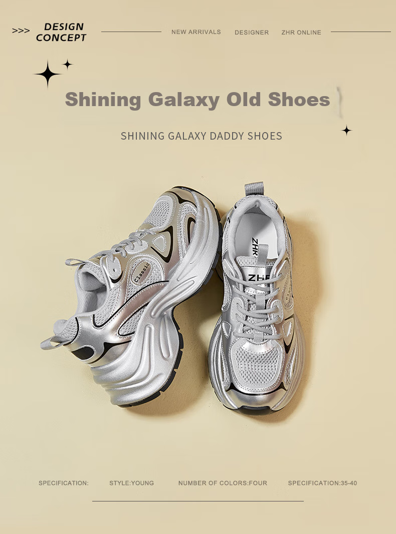ZHR Dad Shoes for Women, Lightweight Soft Sole, Height-Increasing Casual Shoes, Sports Fashion Thick-Soled Women's Shoes, JT07, Silver Gray, Size 37 1