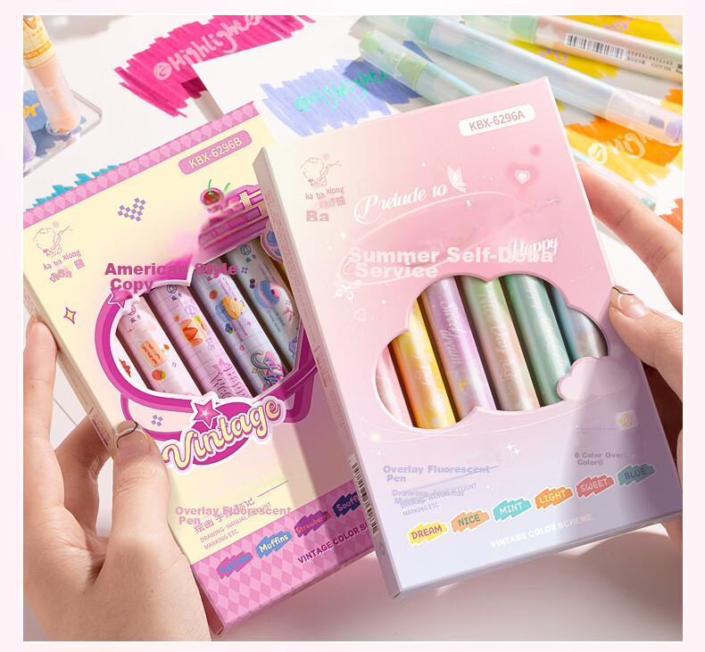Kabaxiong Highlighters, Stackable, 6-Pack, High-Quality Student Marker Pens, Dual-Tip Non-Smear Journal Markers, Colorful Pens, American Retro Style 3