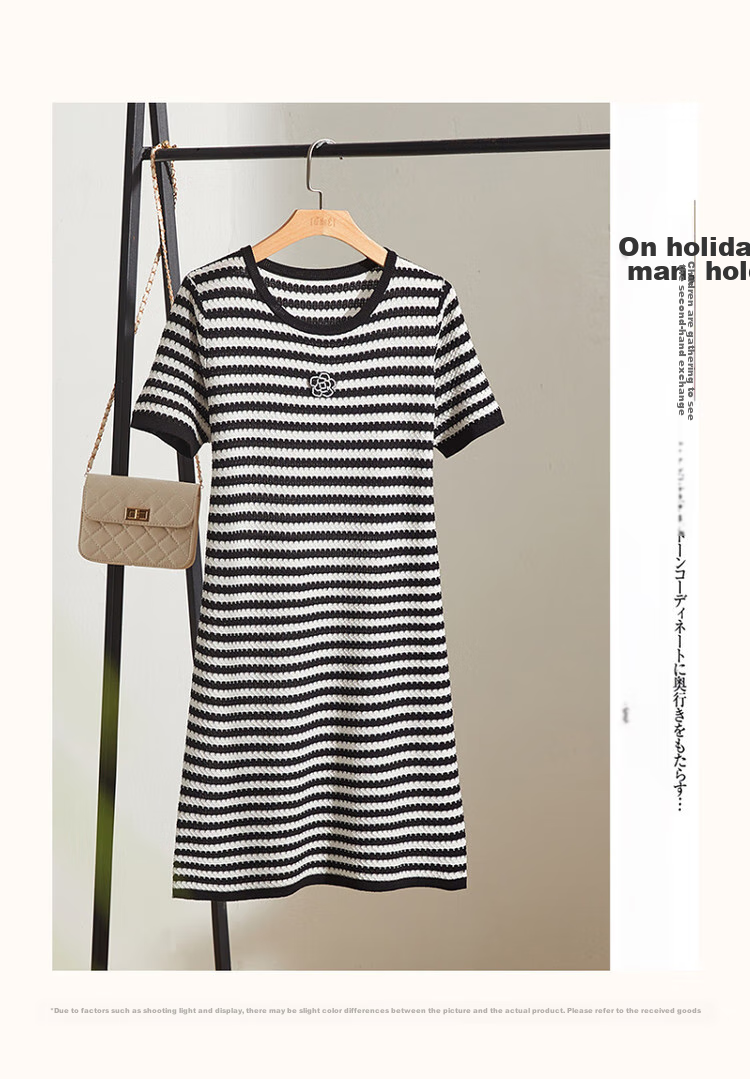 Dme [Ice Silk Dress], Summer Pullover Slightly Stretchy Contrasting Color Knitted Short-Sleeve Dress 11