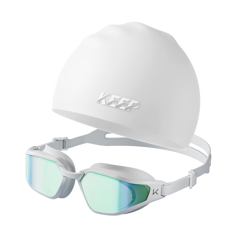 Keep Swimming Goggles, Waterproof And Anti-Fog, High Definition for Men And Women, Professional Medium Frame Swim Glasses with Swim Cap Set, 064 White Coated Lens