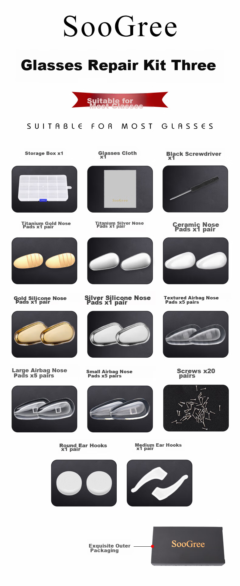 SooGree Glasses Nose Pads, Bridge Pads, Air Cushion Soft Silicone Anti-Slip Straps with Screws, Universal Anti-Fall Device Accessories Replacement Kit 4