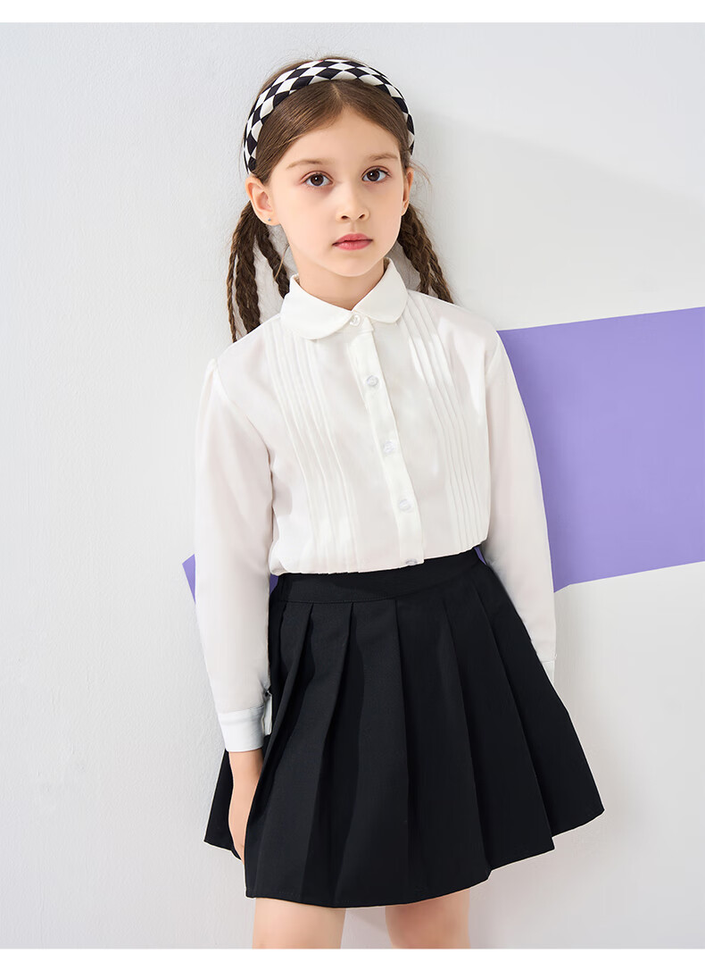 Luomeng Children's Shirt, Girls' Long-Sleeve Blouse, School Spring And Autumn Style, Fashionable Undershirt, White Pleated Long-Sleeve Shirt, Size 150 14