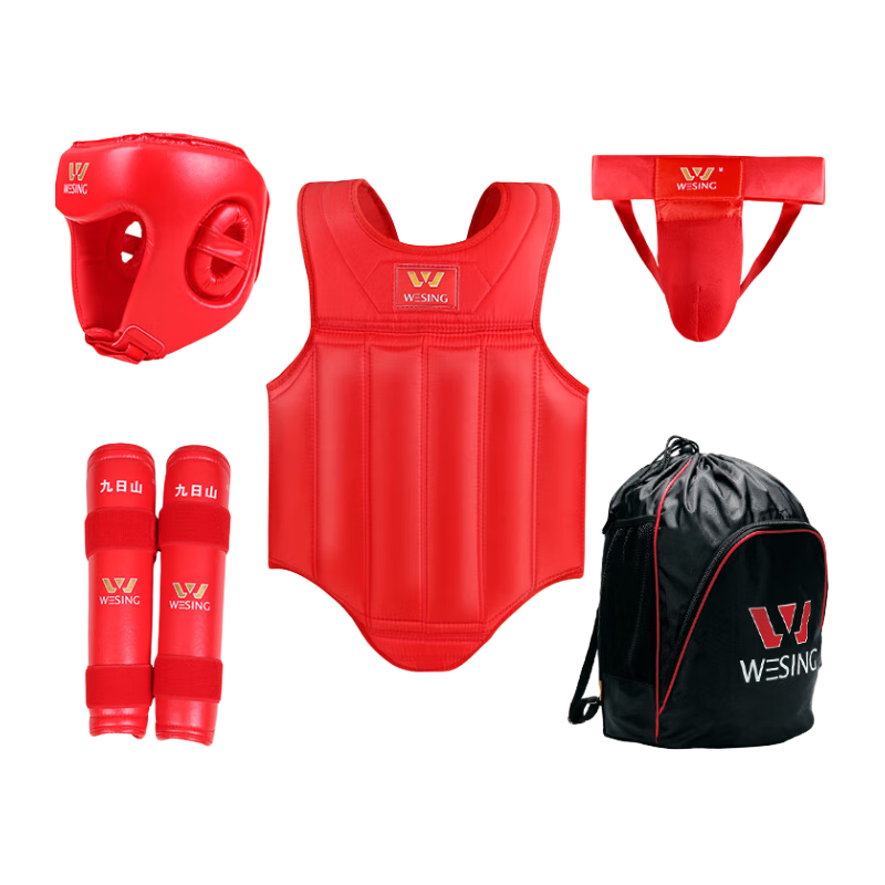 Jiurishan Sanda Protective Gear Set, Adult And Children Boxing Training Fitness Equipment Gloves [Five-Piece Set], Red, S