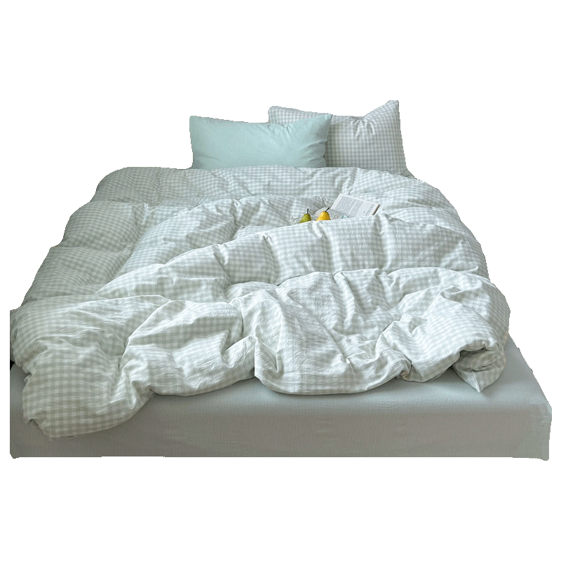 Grace Class A 7A Antibacterial Bedding Set of Four Pieces, 100% Pure Cotton Xinjiang Cotton Bedding, for 1.5/1.8 Meter Beds, Heart-Shaped Fruit Green Plaid