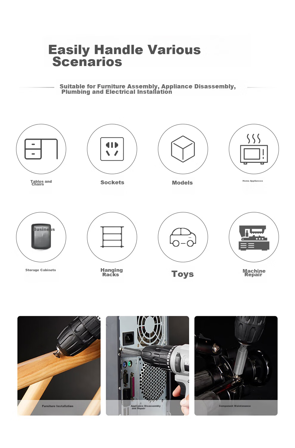 MASTERPROOF Electric Screwdriver, Hexagonal Multi-Size S2 Bit Set, Power Driver Tool Kit with Socket, Ratchet Extension Rod 15