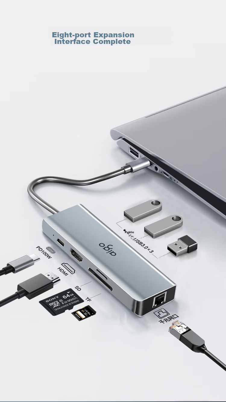 Aigo Type-C Expansion Dock, USB3.0 Hub, Gigabit Ethernet Port, HDMI Adapter, SD/TF Card Reader Converter, USB Expansion Dock, PD100W Fast Charging, K08 (Metal) 2