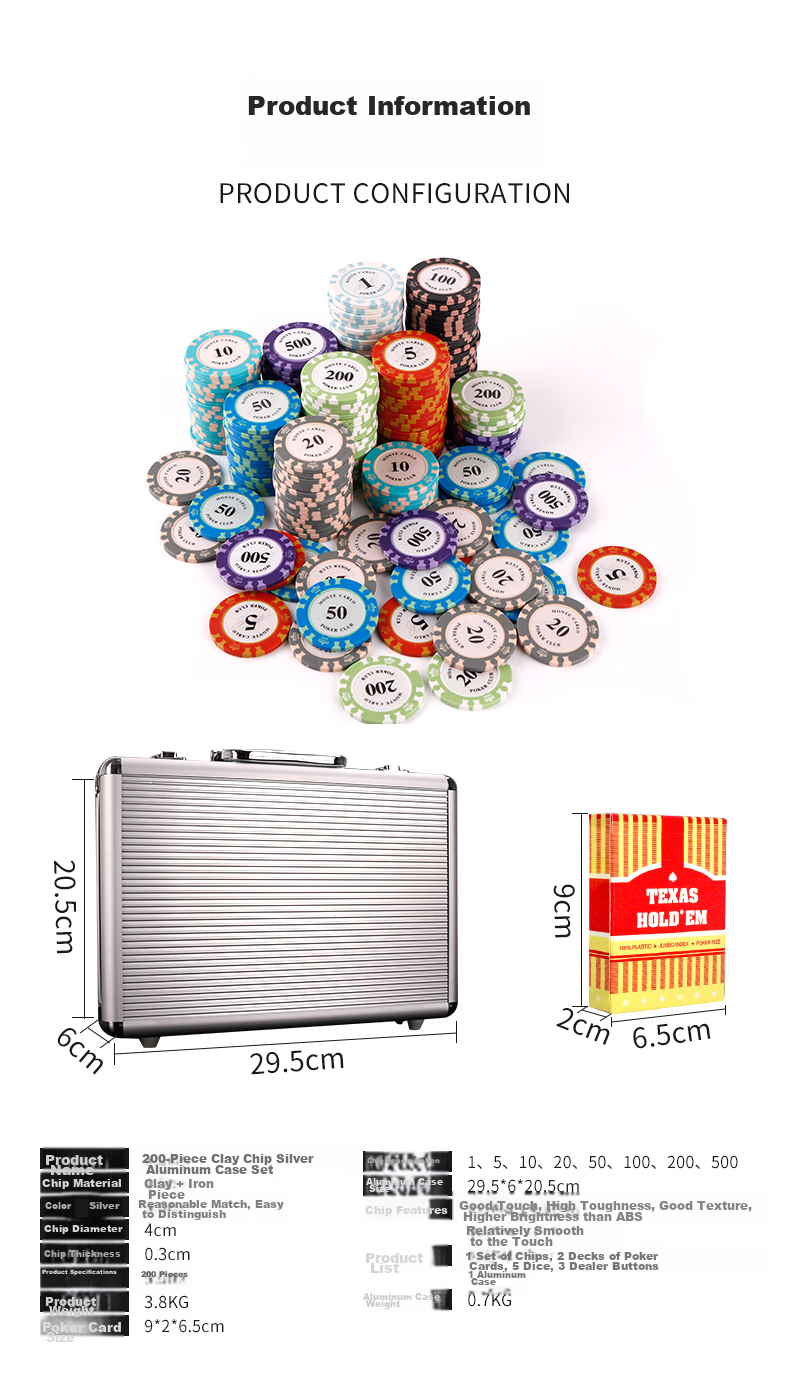 Zihu Poker Chips, Texas Hold'em Chips, Card Game And Mahjong Specific Chips, Aluminum Box, 300 Pieces, Small Six-Point Dice, No Face Value 2