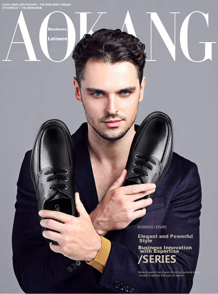 Aokang Leather Shoes for Men, Casual Business Shoes, Comfortable Work Lace-Up Formal Shoes, British Style Footwear, Black, Size 42 1