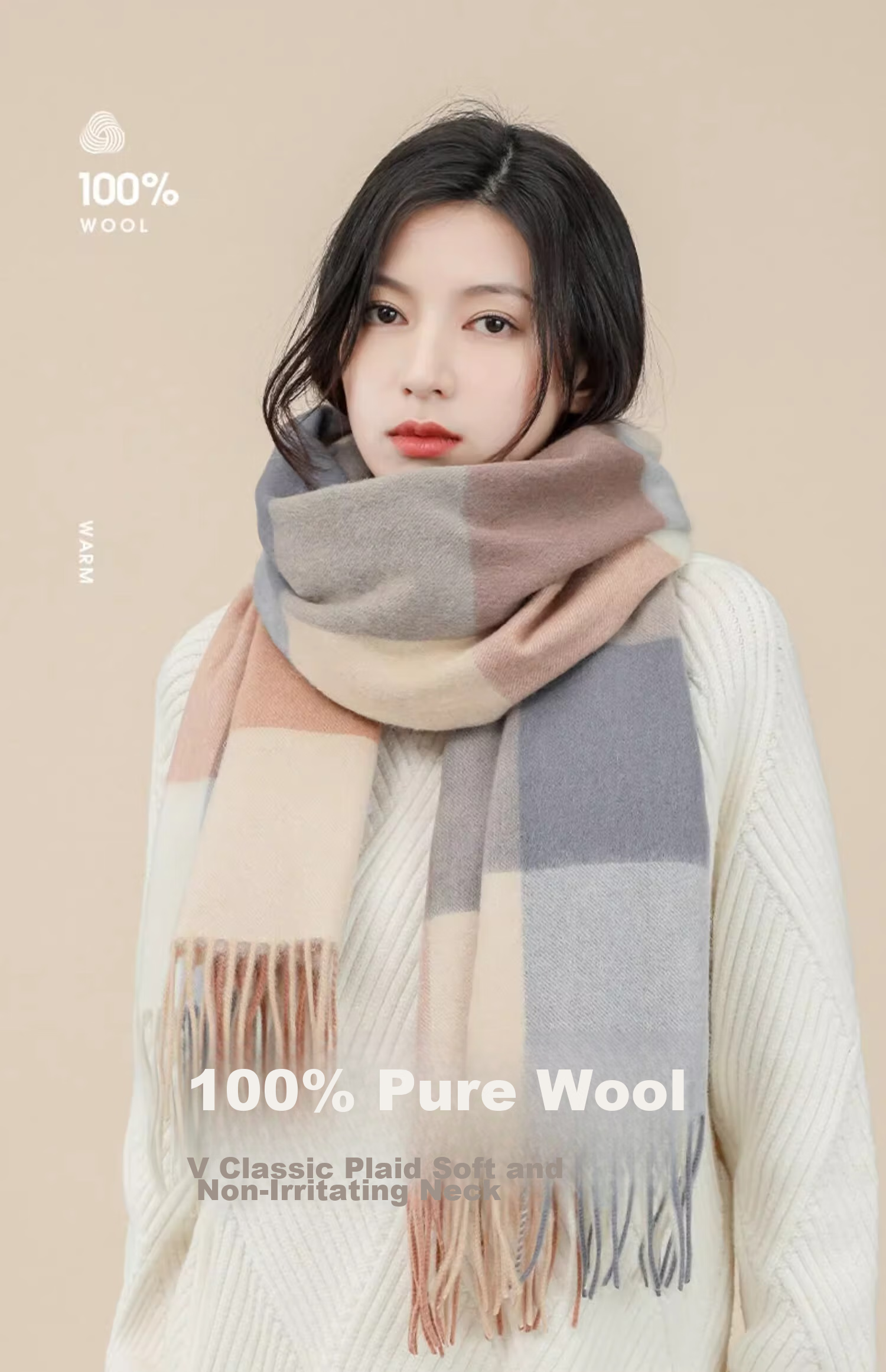 Hengyuanxiang 100% Wool Scarf for Women, Warm Autumn And Winter Neck Warmer, High-End Plaid Shawl, Birthday Gift for Girlfriend 1