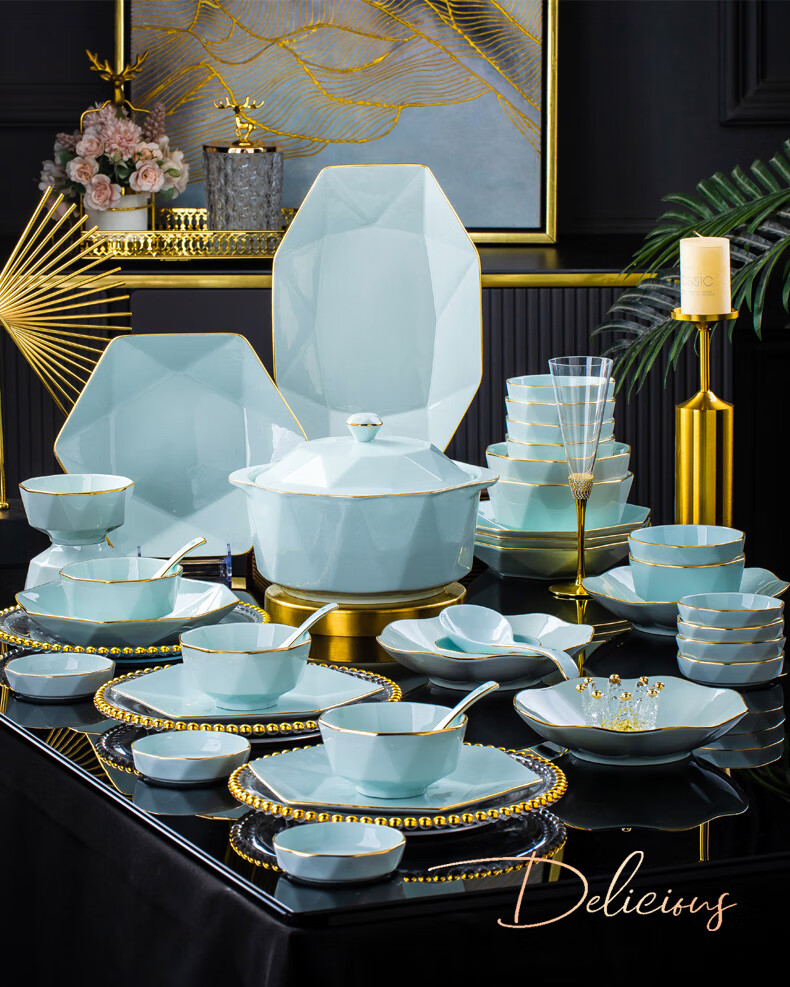 KANGQIN Ceramic Chopsticks Underglaze Color Housewarming Bowl And Plate Set, Home Dining Tableware 70 Pieces Upgraded Soup Pot Gift Box Mid-Autumn Festival 6