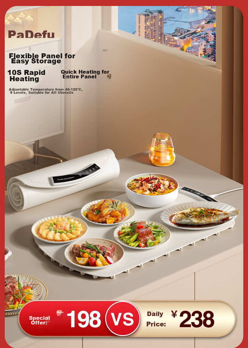 PADEFU Flexible Food Warming Plate, Household Food Warmer, Compatible with All Cookware, Foldable Heating Board, Multifunctional Table Mat 1