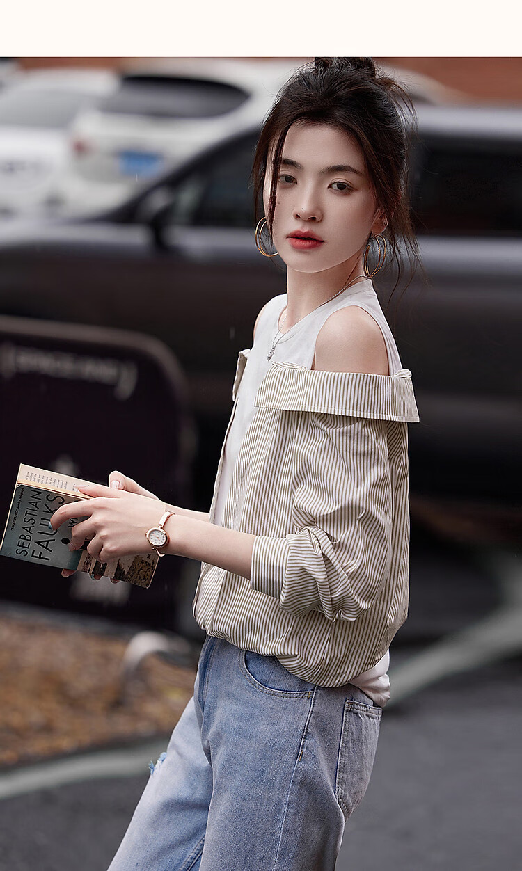 Dme Round Neck Cotton Faux Two-Piece Off-Shoulder Shirt, Plaid Patchwork Blouse, Women's Top, Off-White, M 16