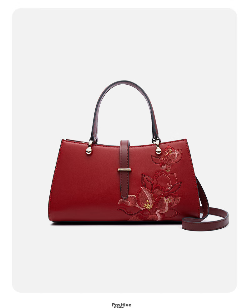 PmSix Women's Handbag, Cowhide Leather Embroidery, Red Wedding Bag, Large Capacity Crossbody Bag for Middle-Aged Women, Birthday Gift for Mom 10