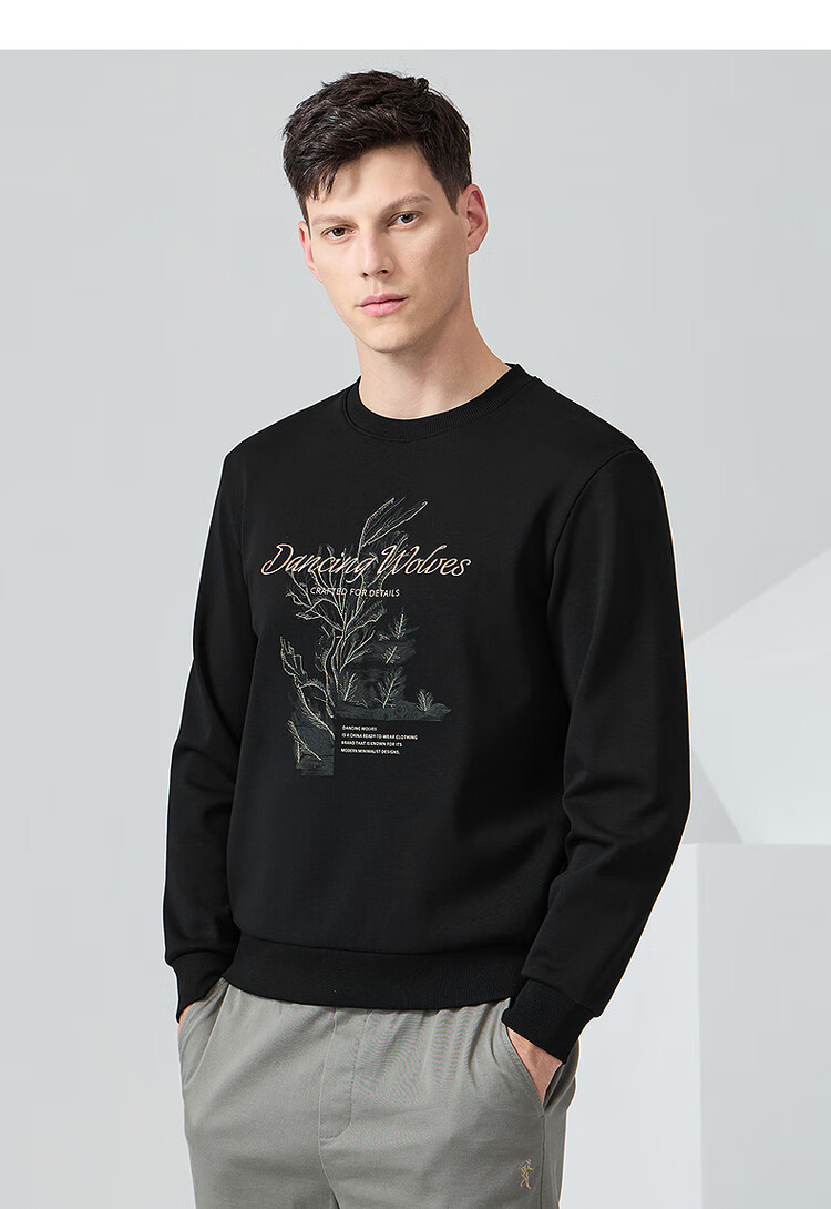 DANCING WOLVES [Fleece-Lined for Warmth] Autumn And Winter Thickened Top Men's Heavy Embroidery Crew Neck Sweatshirt Men's 001 Black 180 2