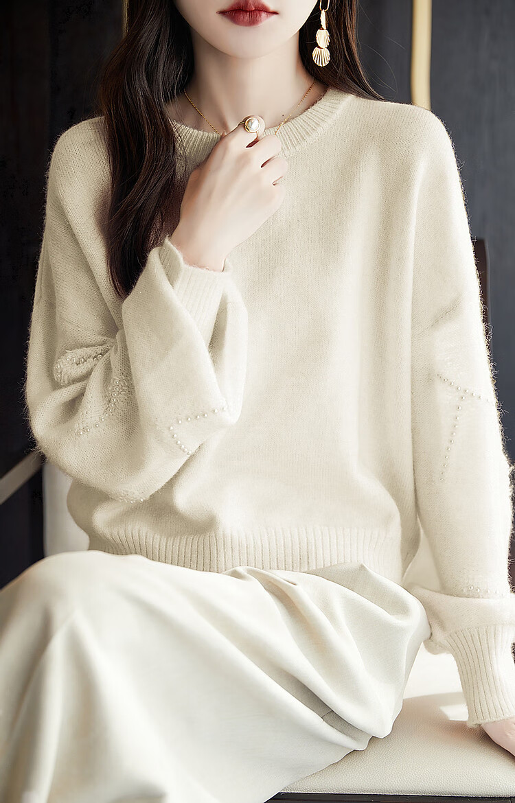 Dme Elegant Winter Round Neck Long Sleeve Sweater for Women with Beaded Jacquard Design, Fashionable Knit Top, Light Pink, Size S 10