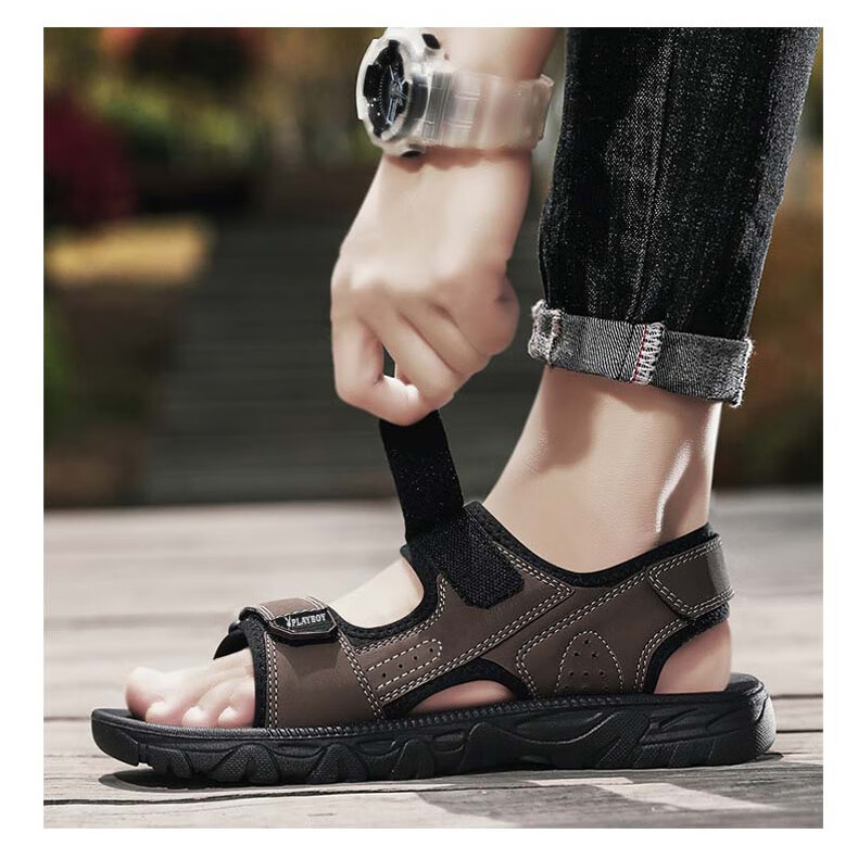 PLAYBOY Men's Sandals, Summer 2025 Breathable Beach Shoes, Korean-Style Perforated Shoes with Velcro Slippers, Black, Size 40 14