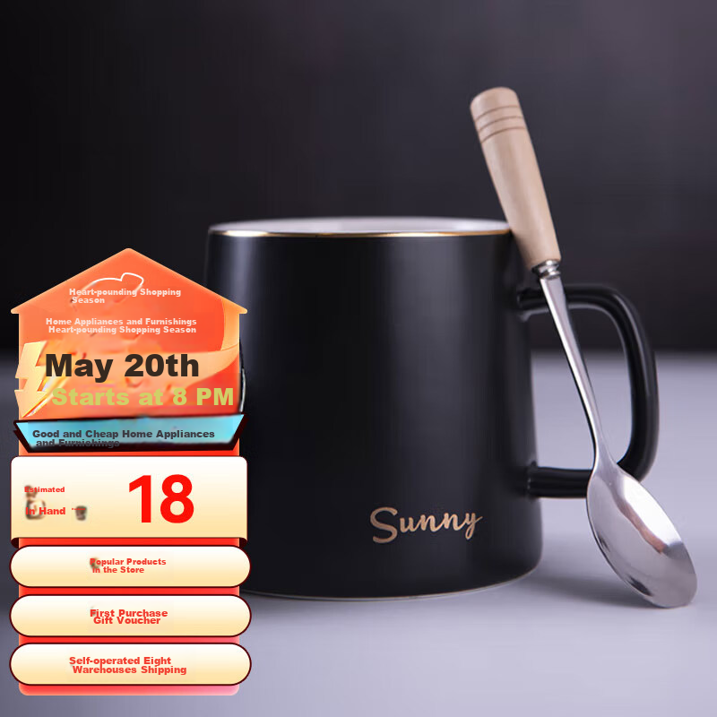 Chuanqi Ceramic Mug with Spoon And Lid, Coffee Milk Breakfast Cup, Office Water Cup for Men And Women, Tea Cup, Gold-Plated Black 400ml