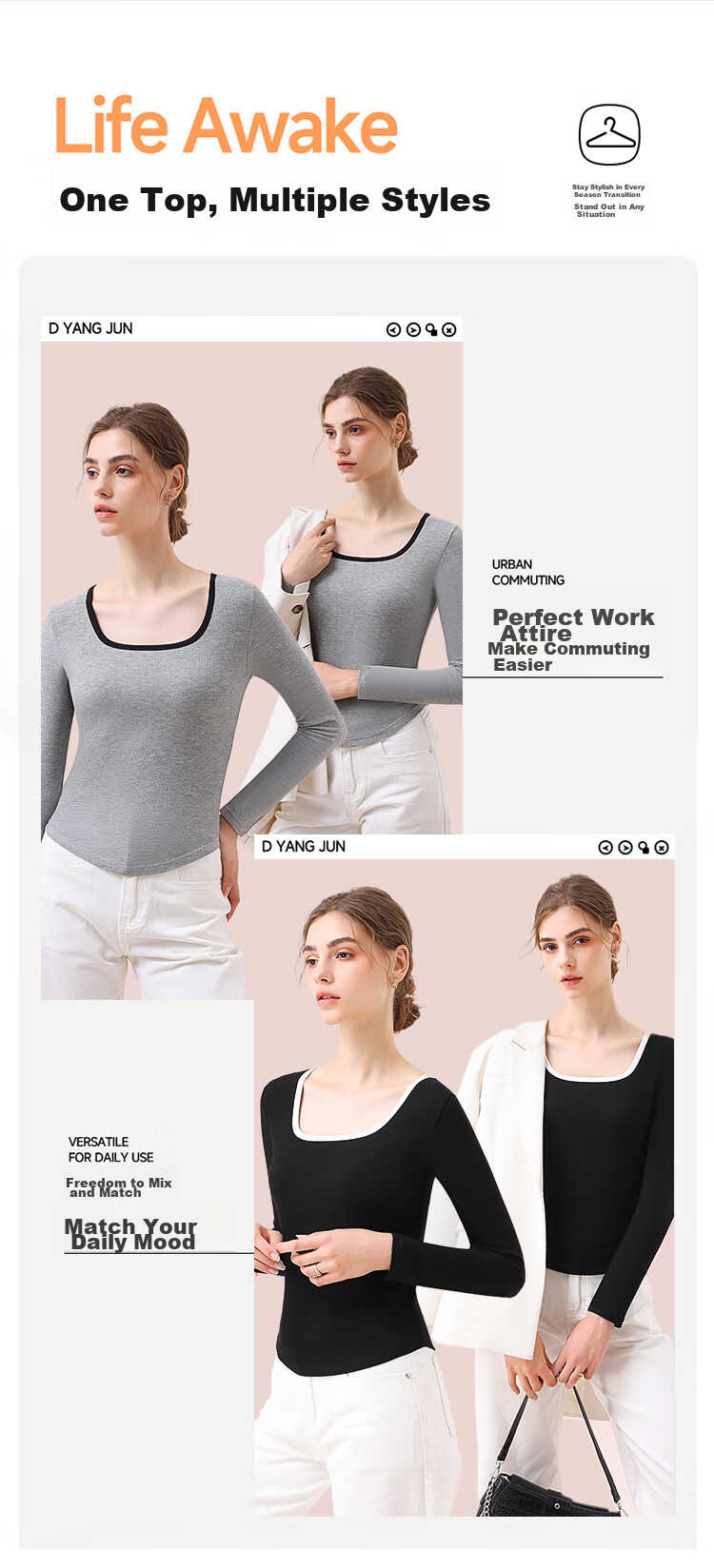 MiiOW Women's T-Shirt, U-Neck Design, Contrasting Colors, French Style, Striped Pattern, New 2026 Model, Slim-Fit Base Layer Top for Wome 8