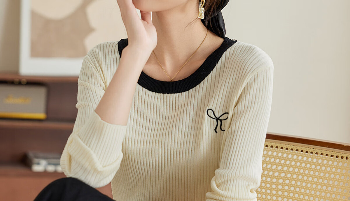 PinCai Women's Knit Sweater, Early Autumn Round Neck Bow Embroidery Knit Top, Slim-Fit Base Layer Sweater P143Z3009 9