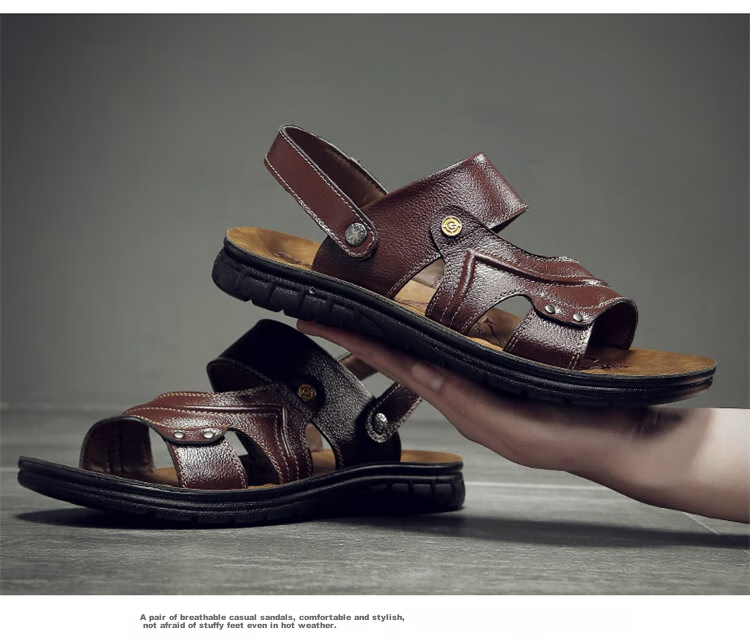 CARTELO Genuine Leather Sandals for Men, Breathable Top-Grain Leather Beach Shoes, Men's Outdoor Dual-Wear Slippers 9252 Brown Size 38 12