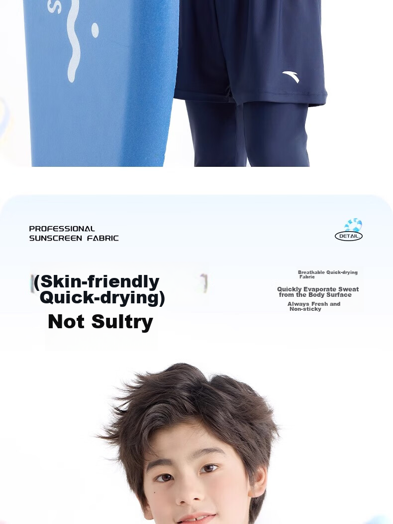 ANTA Children's Two-Piece Swimsuit, 2024 Summer New Style, Boys' Swimwear, Square-Leg Swim Trunks, Long-Sleeve Hot Spring Bathing Suit, Blue, Size 130 9