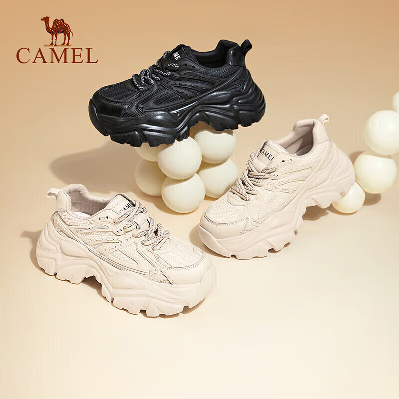 CAMEL Dad Shoes for Women, Mesh And Leather Patchwork, Double Lace-Up Thick-Soled Casual Shoes L24S283079 Apricot Color Size 36