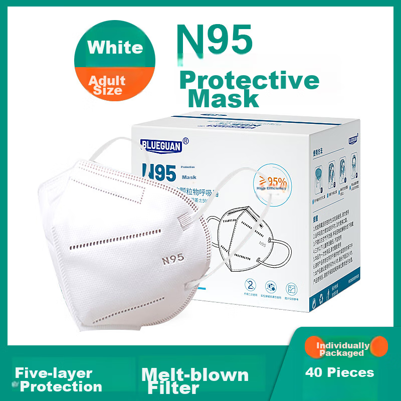 Blueguan Adult N95 Mask, Five-Layer Protection, Double-Layer Meltblown Fabric, Dust, Smog, Droplet, PM2.5, Ash Dust, Individually Packaged, 40 Pieces, White