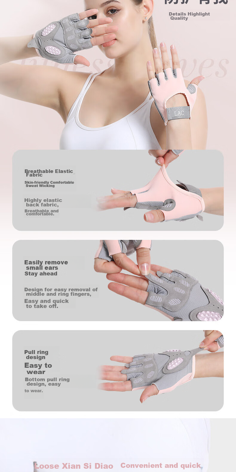 LAC Fitness Gloves for Women And Men, Breathable Non-Slip Half-Finger Dumbbell Equipment Training Sports Gloves, Pink One Pair M Size 6