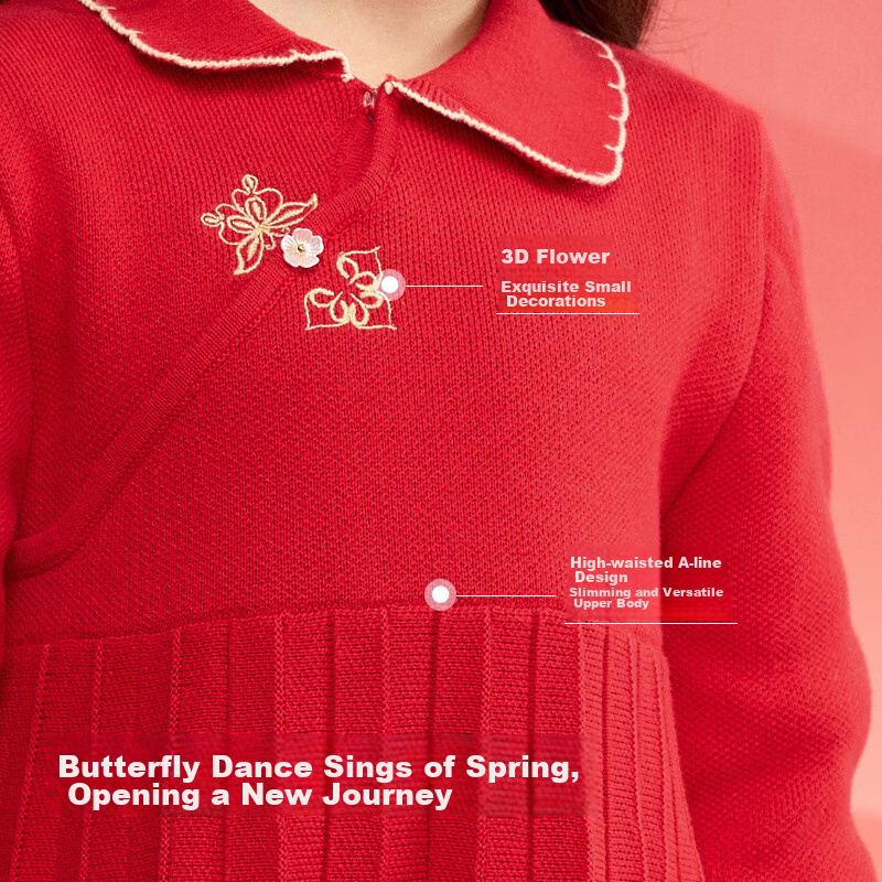 BALABALA Girls' New Chinese-Style Knitted Dress, Spring 2025 Collection, Red Pleated Princess Greeting Dress, 208125111001