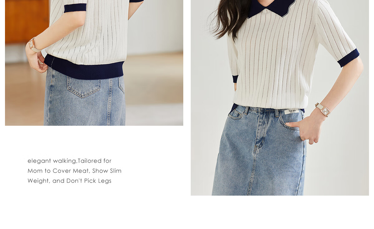Taxiang Women's Short-Sleeve T-Shirt, Doll Collar Thin Knit Top, Summer Women's T-Shirt, Contrasting Color Top, T144T1629 7