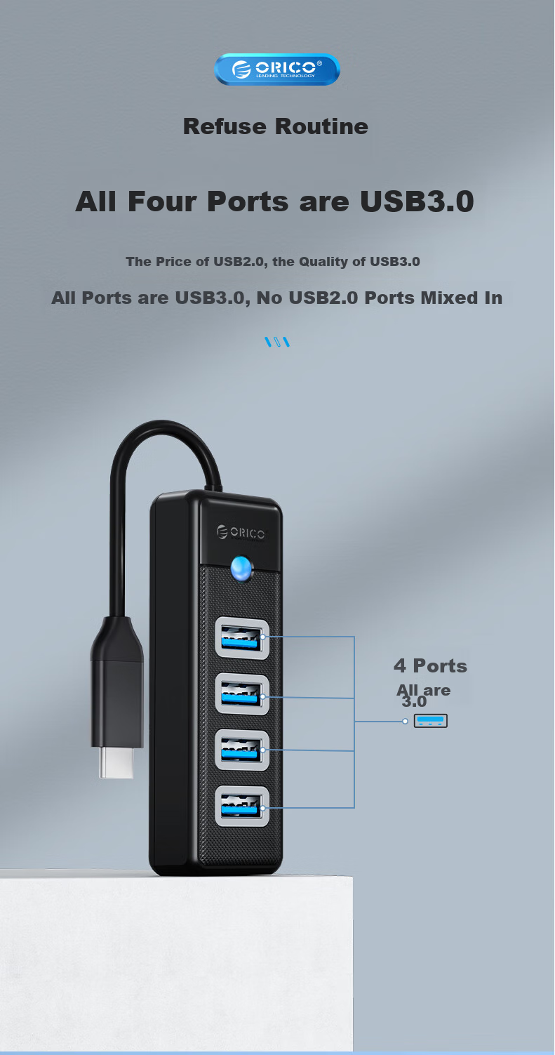 ORICO USB Hub Splitter, MINI HUB with One-To Expansion Dock Adapter, Laptop Direct Plug-In Hub, Multi-Port USB Hub, Gray 4