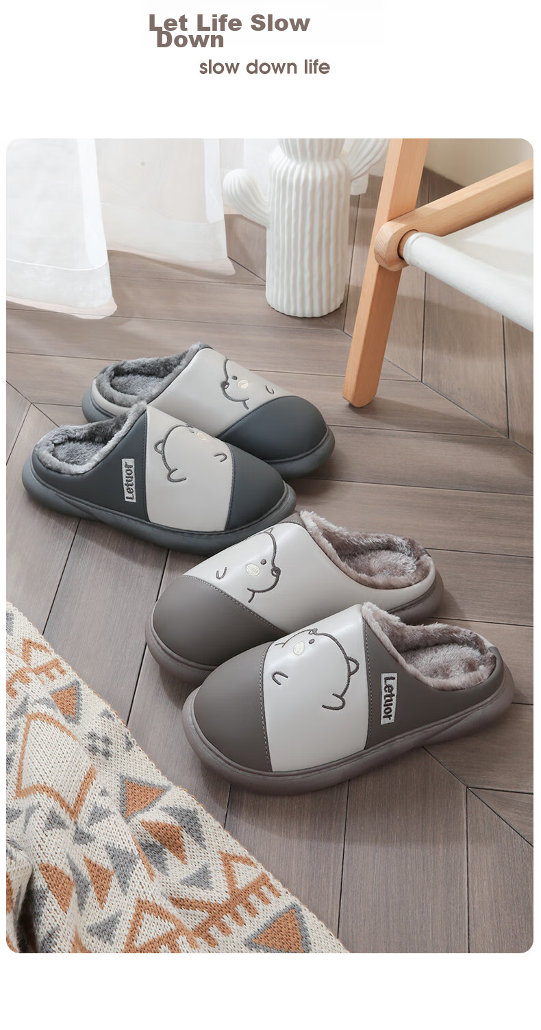 LETUO Side-Face Bear Cotton Slippers for Men, Autumn And Winter Waterproof Warm Thick-Soled Cotton Shoes, Couple's Home Slippers, Navy Blue Size 42-43 5