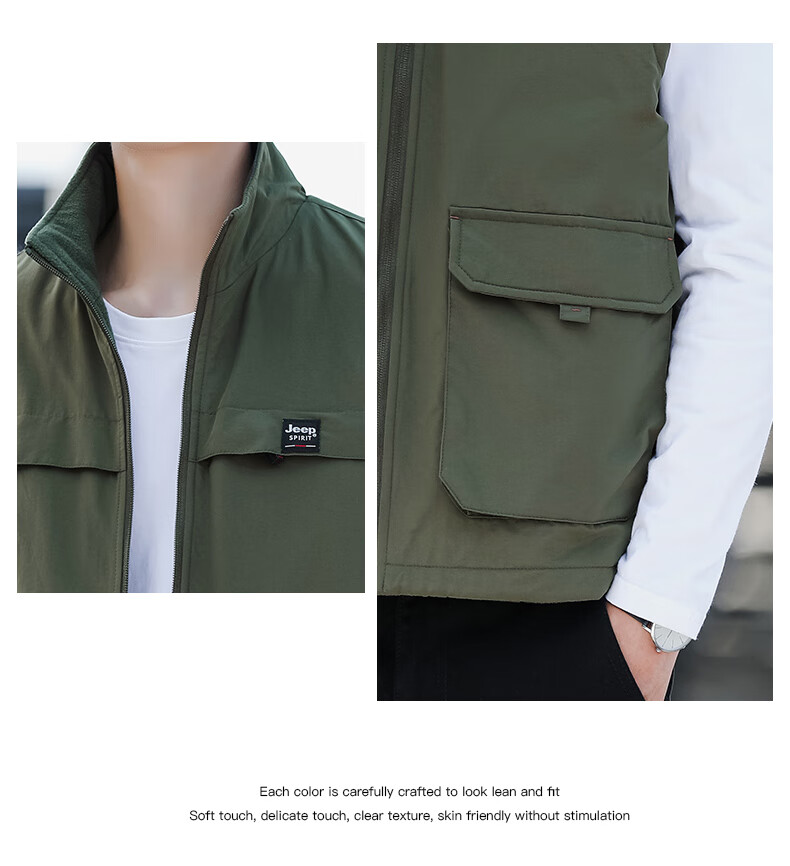 JEEP SPIRIT Fleece-Lined Casual Vest for Men, Spring And Autumn Wear, Two-Way Vest, Workwear Jacket, Khaki, 2XL 15