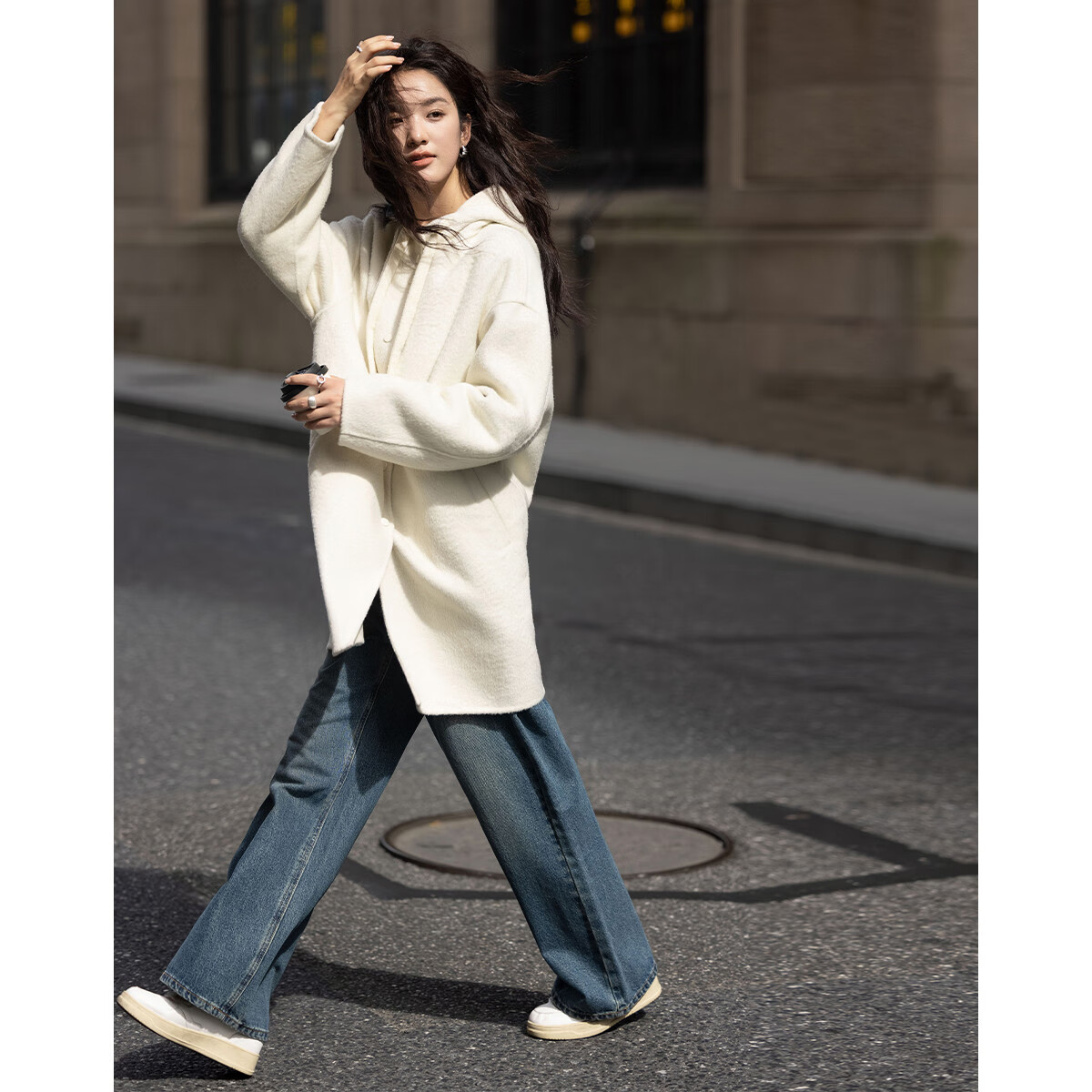 Dme Gentle Milk White Coat Winter Hooded Pocket Design Long Sleeve Mid-Length Woolen Coat for Women