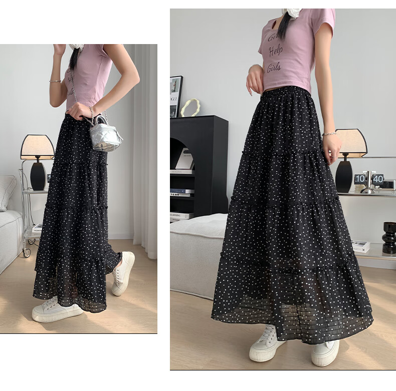 Langsha French Style White High-Waist Elastic Waist A-Line Polka Dot Long Skirt Japanese Style Cake Skirt for Women 2026 Summer 17