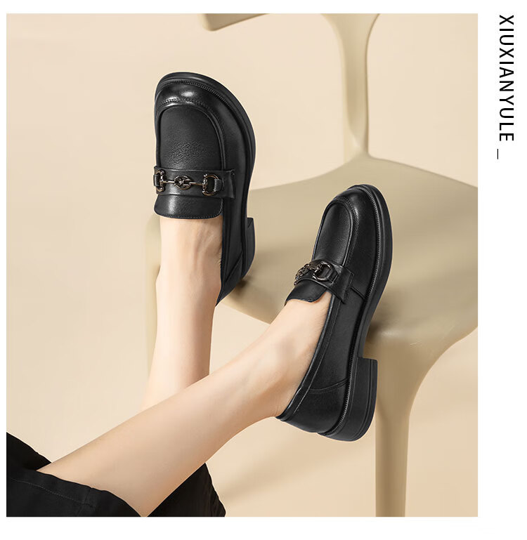 SPIDER KING Loafers for Women, Thick-Soled Horse Bit Buckle, Soft-Soled Casual Shoes, Slip-On, British Style Versatile Leather Shoes, Black, Size 36 6