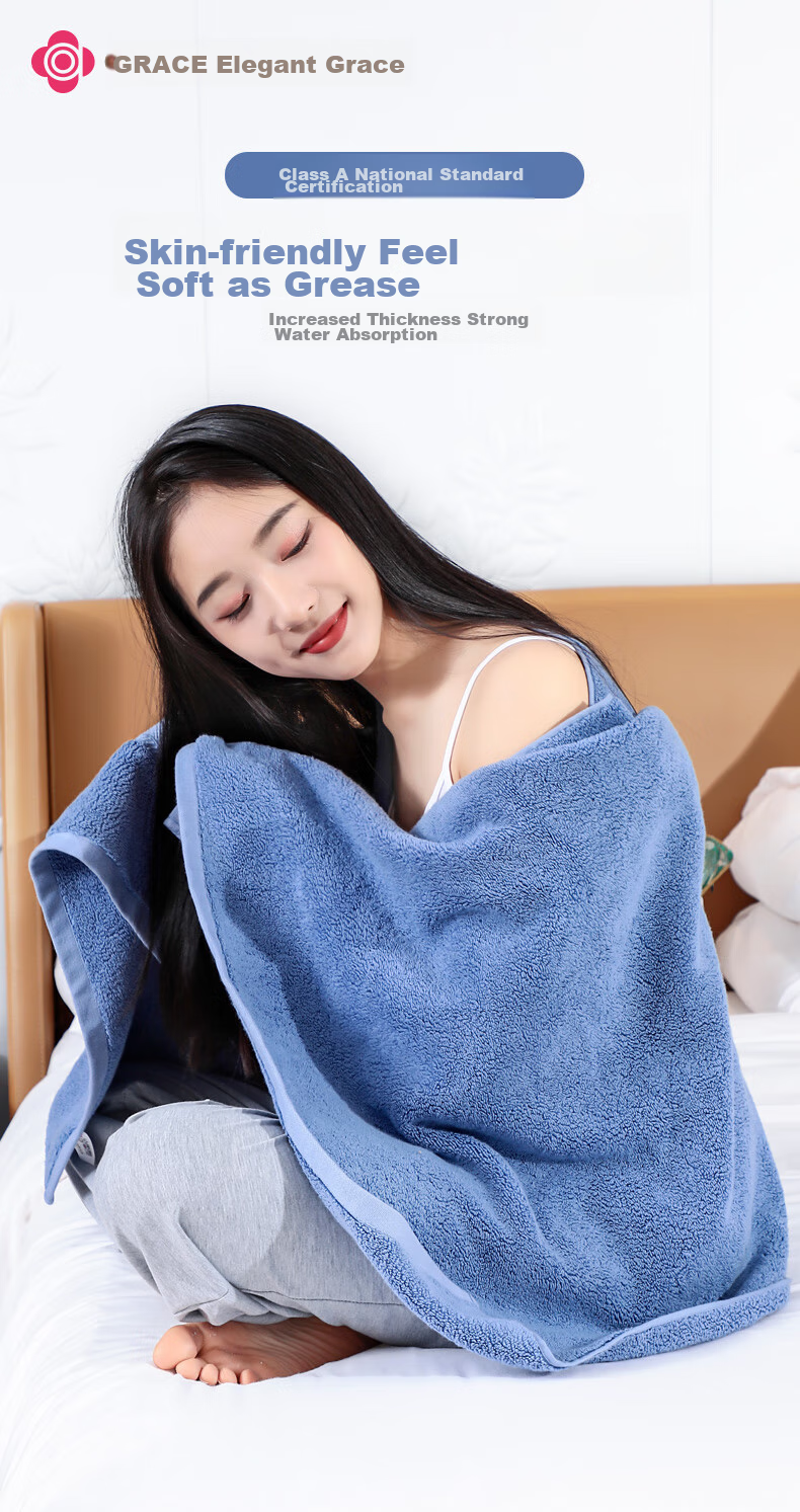 Grace Class A Pure Cotton Bath Towel for Men And Women, Extra Large And Thick Shower Towel, Xinjiang Long-Staple Cotton Wrap Towel, Blue, 650g, Sports 1