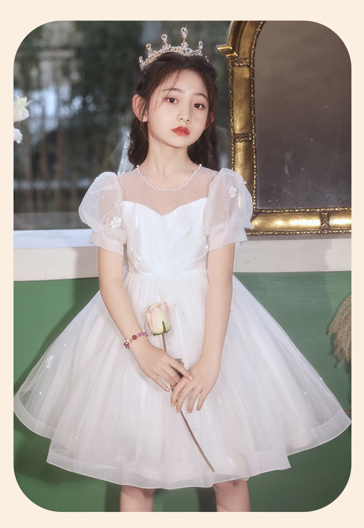 LUOBOBEIBEI Girls' Formal Dress, Children's Birthday Princess Dress, Flower Girl Wedding Dress, Host Piano New Year Costume, White Dress, Size 150 12