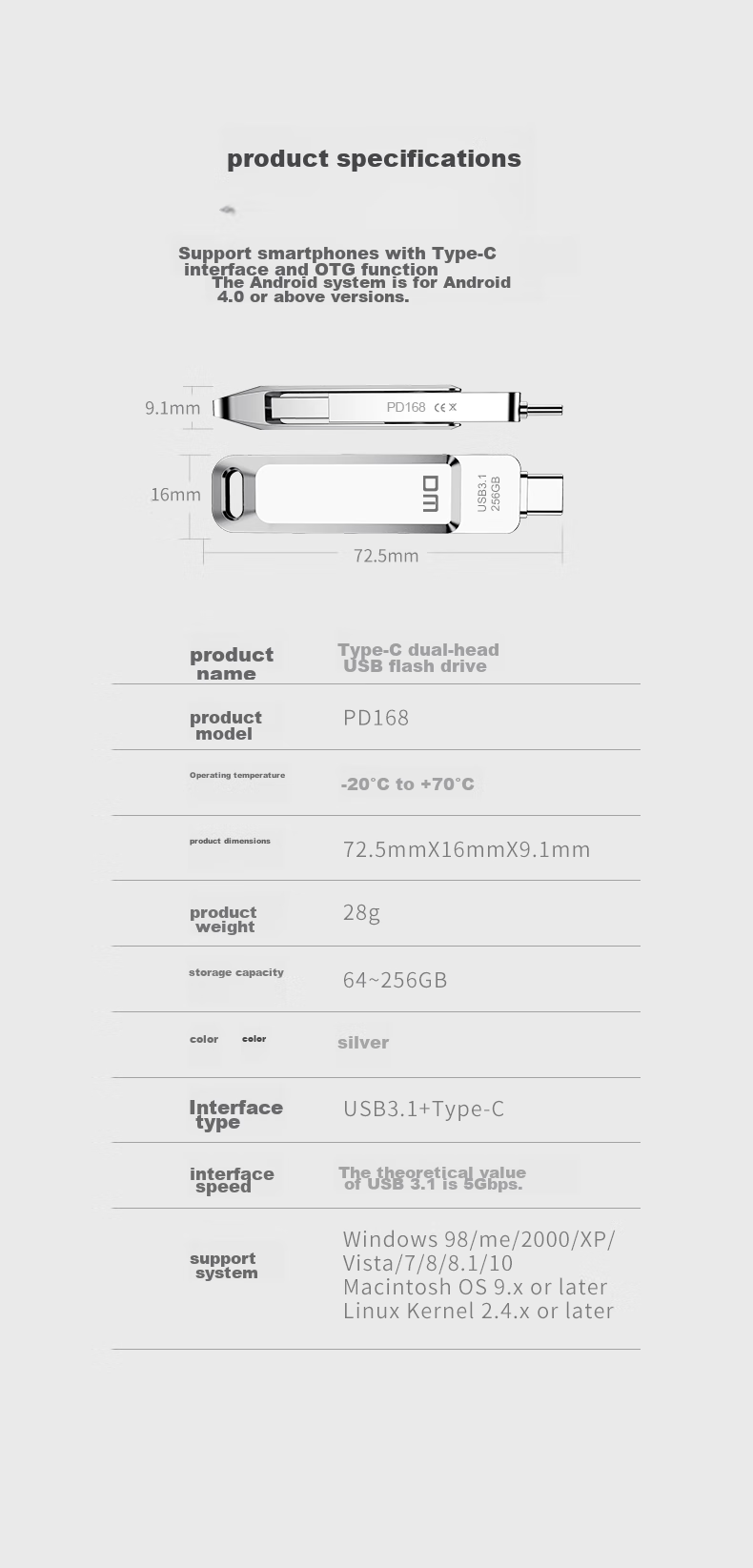 DM Daimai 256GB Type-C USB3.2 Phone Flash Drive, Metal PD168 Dual Interface Phone And Computer Compatible Thumb Drive 10