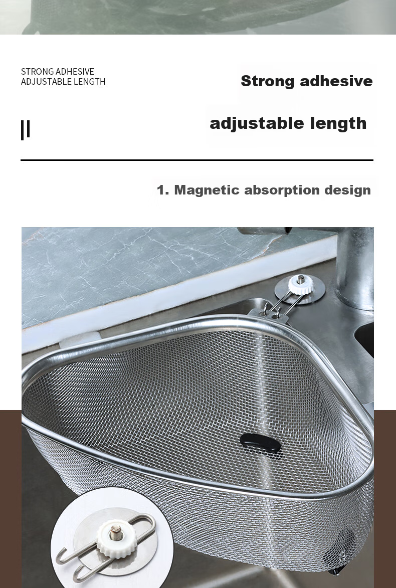 BJ Triangle Sink Strainer, Stainless Steel Kitchen Utensil, Multifunctional Drain, Food Waste Collector, Storage Rack 9